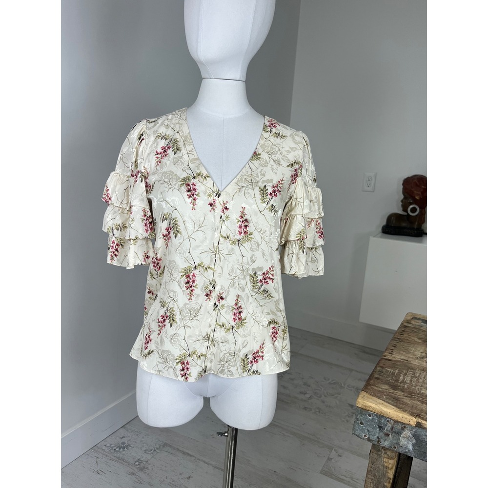 Rebecca Taylor Silk Floral Ruffle Sleeve Blouse Cream Pink V-Neck Top Size 4